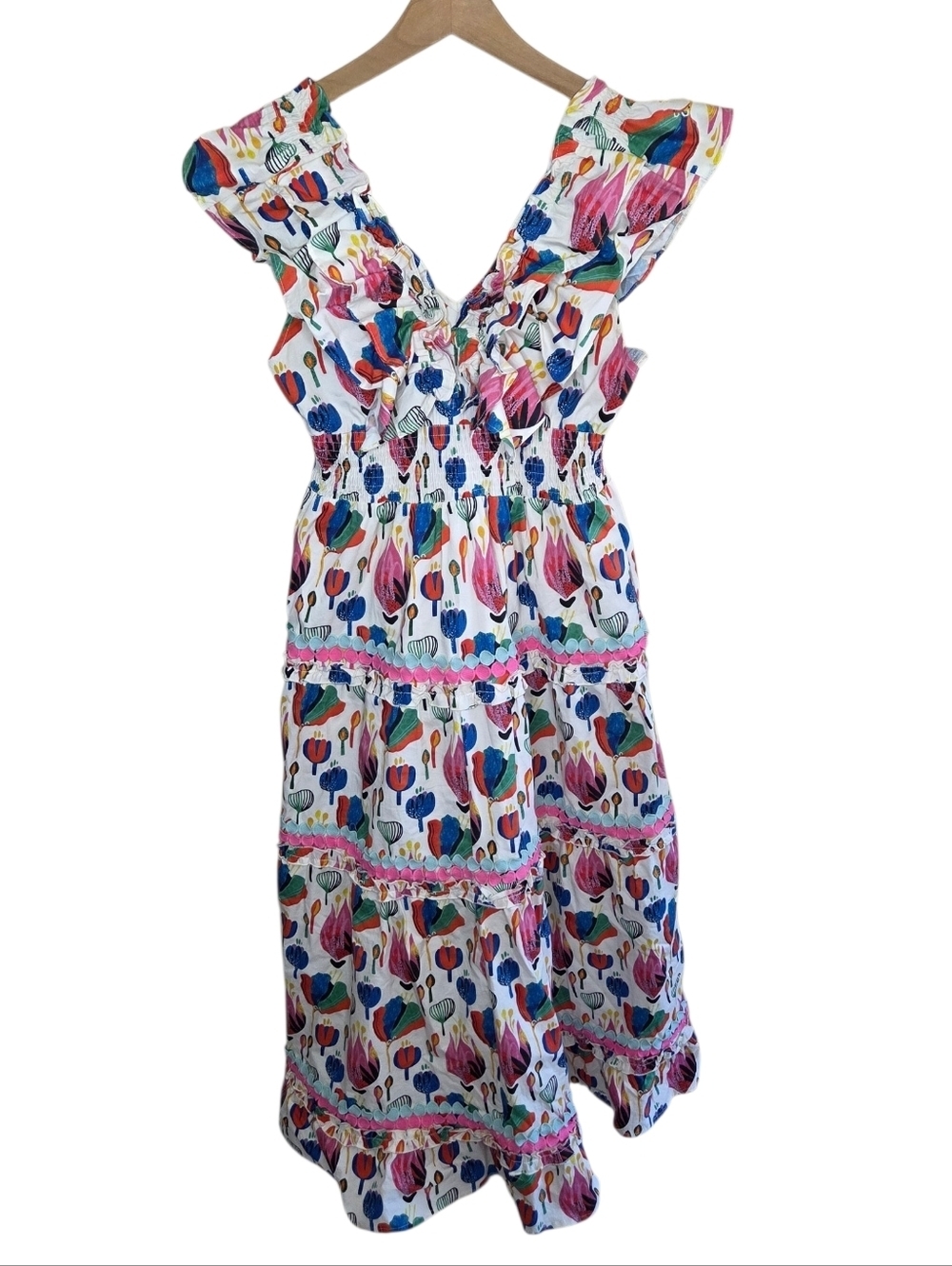 Boutique Colorful Floral Print V-neck Whimsical Preppy Maxi Dress Size XS